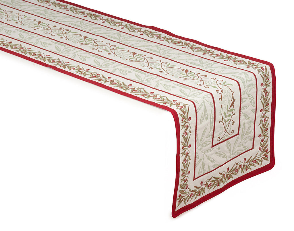 french linen table runner in ecru and red