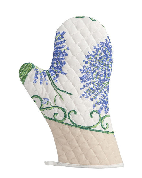 french linen oven glove with lavender design in ecru