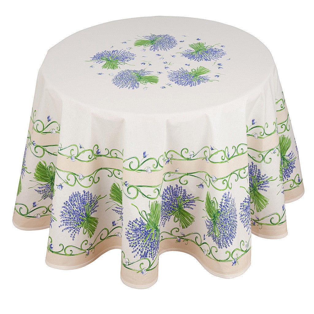 french linen round tablecloth with lavender design in ecru