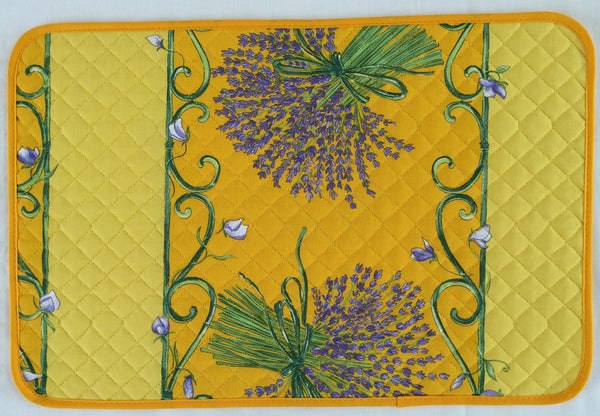 french linen placemat with lavender design in yellow