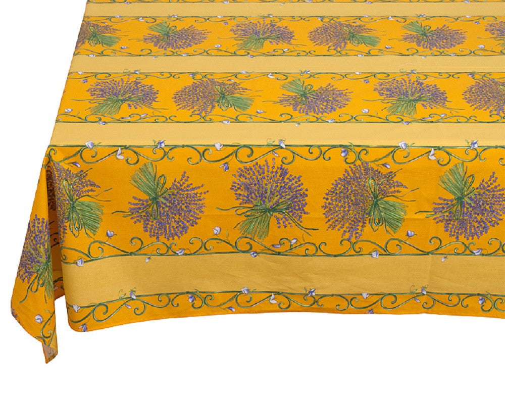 french linen rectangle tablecloth with lavender design in yellow