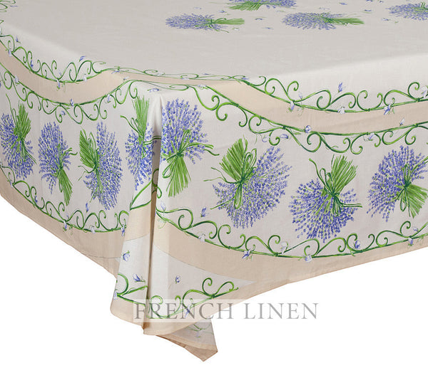 french linen rectangle tablecloth with placed pattern in ecru