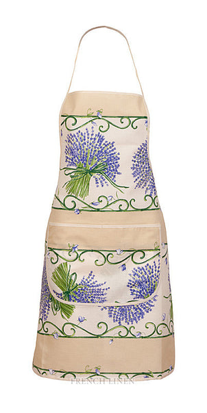french linen apron with lavender design in ecru