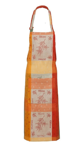 french linen jacquard apron with olive motif in orange