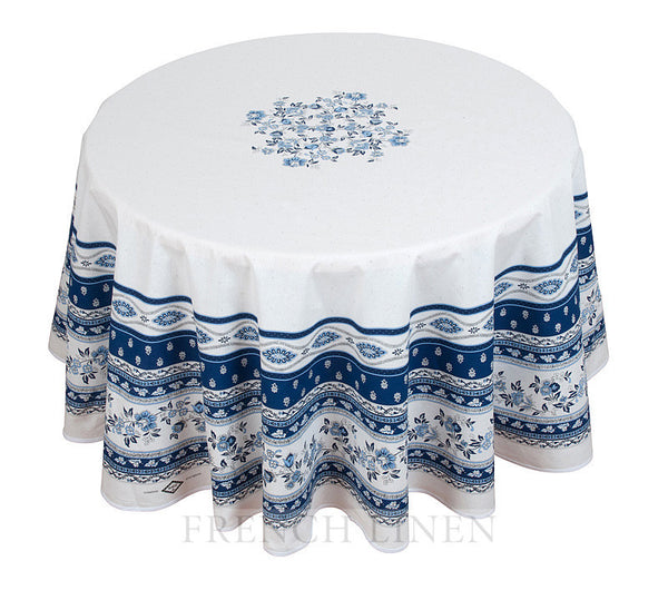french linen round cotton tablecloth with avignon design in white/blue